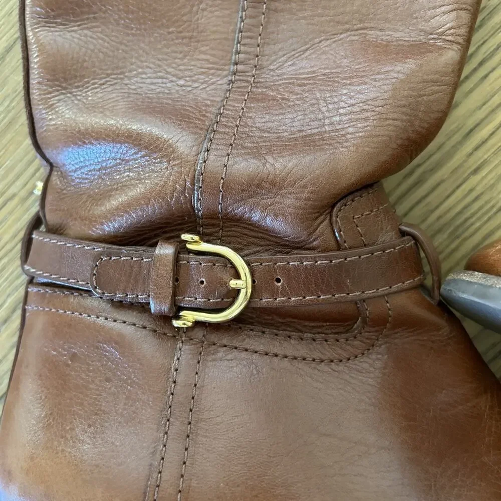 Tory Burch Sienna Brita Tall Riding Boots 8 Brown Equestrian Classic Logo Gold